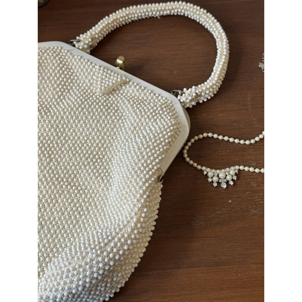 50s Vintage Lumured Corde Bead Ivory Purse Handbag Clutch Wedding Bride